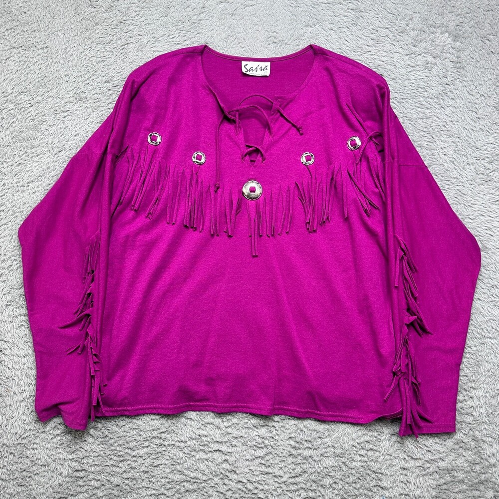 Vintage 90s Western Fringe Shirt Large Pink Beaded Cowgirl Rodeo USA Made